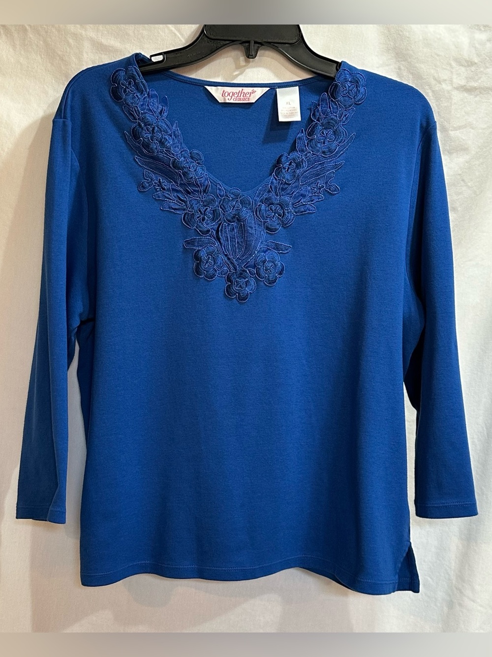 Together Classic- Royal Blue 3/4 Sleeve V-Neck Top with Floral Embroidery